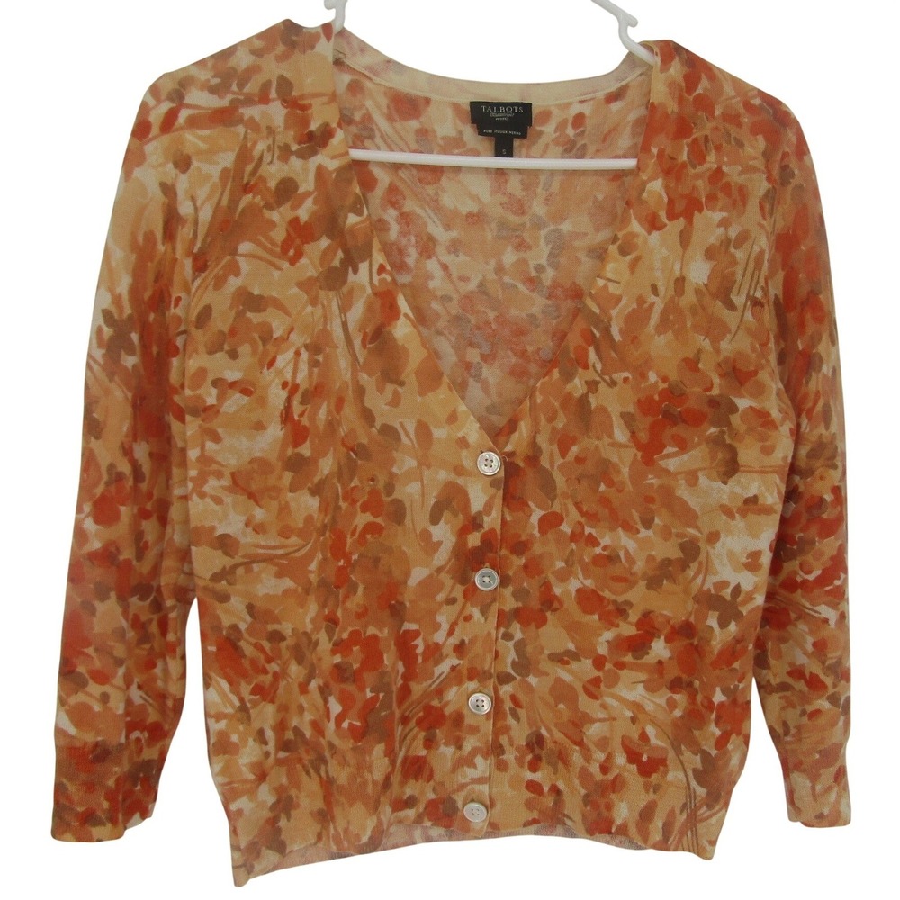 Talbots Cardigan Sweater Sz. S Orange Floral Merino Wool Preppy Natural Chic